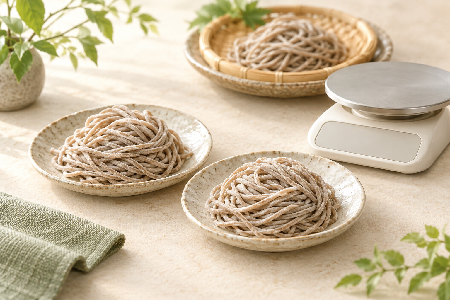 皿に分けた生そばとキッチンスケール。人数分の量を考えるイメージ（AI生成・特定商品ではありません）