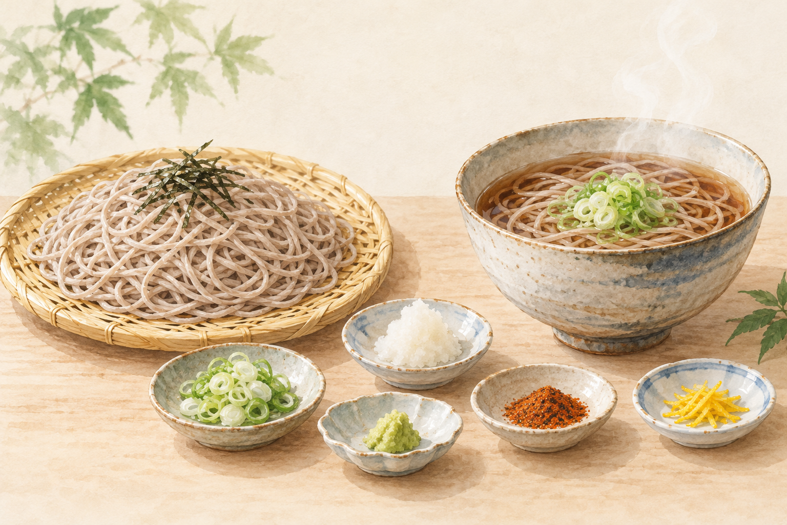 冷たいそばと温かいそば、別皿に添えた薬味のイメージ（AI生成・特定商品ではありません）